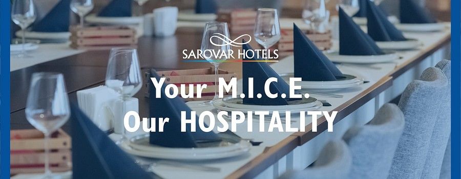 Sarovar Hotels & Resorts banner with the text Your MICE, Our Hospitality over a well-arranged dining setup in the background
