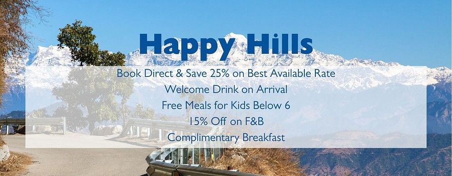 An advertisement for Happy Hills with a background image of a snowy mountain range and a road with a guardrail. The text advertises booking discounts, a welcome drink, free meals for kids, F&B discounts, and complimentary breakfast, and includes a promo co