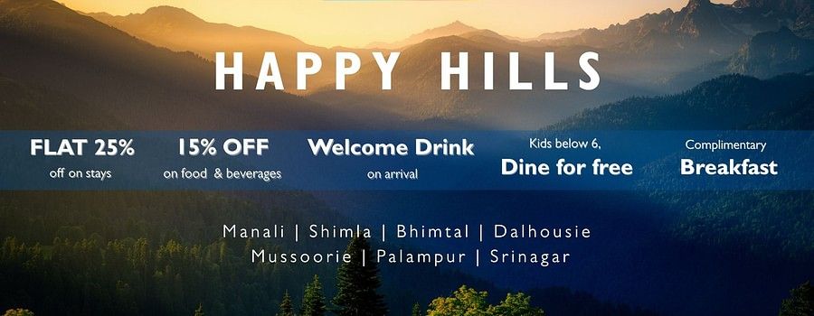 Happy Hills banner for Sarovar Hotels & Resorts showcasing offer discounts with a sunset-lit mountain landscape in the background