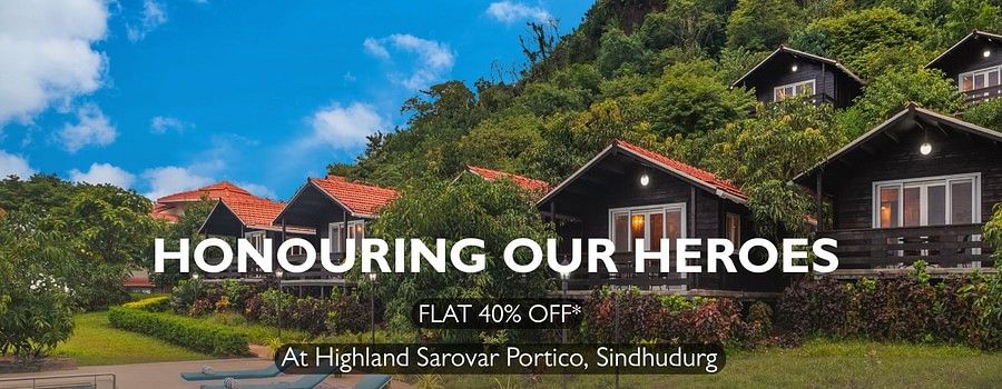 Promotional banner for Highland Sarnour Portico, Sarchu, featuring chalet-style cottages and a poolside view with the offer text Honouring Our Heroes – Flat 40% Off.
