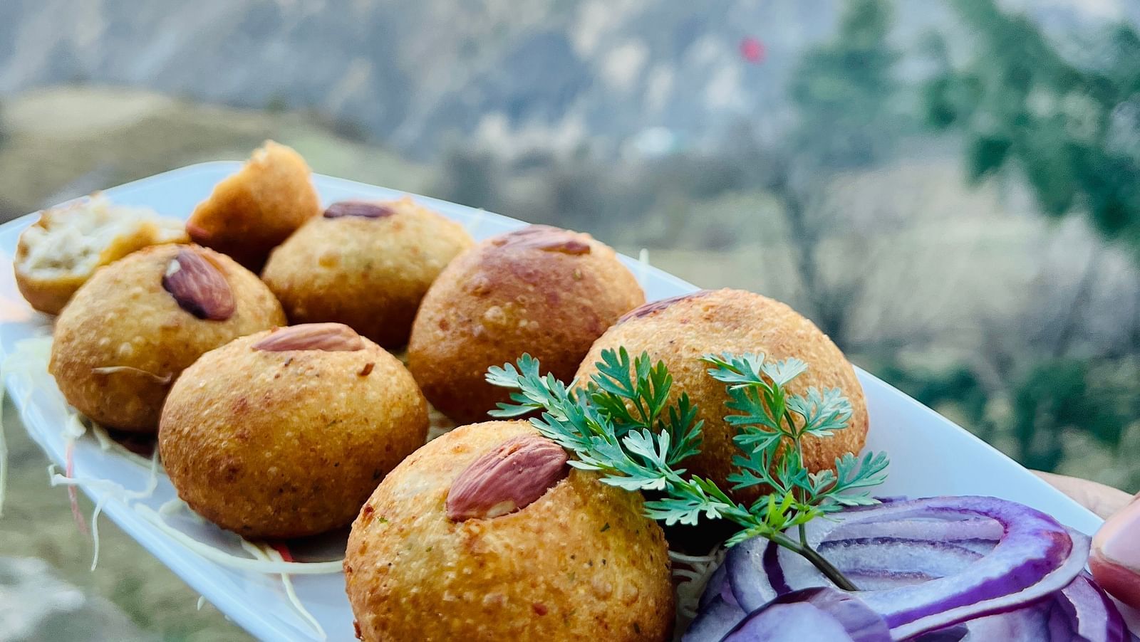 Image of snacks on a plate with a onions on the side | Faraway Cottages, Auli