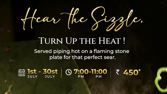 Promotional food poster for Pride Hotel Nagpur featuring a sizzling hot plate with meat and fries, tagline Hear The Sizzle Turn Up The Heat, priced at Rs 450 available from 1pm to 11pm.