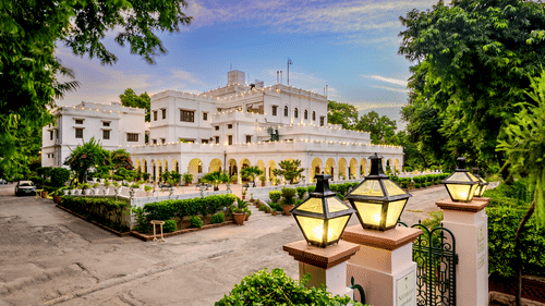 Facade with small shrubs on the compound - The Baradari Palace