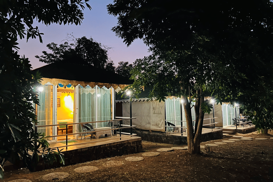Exterior of 2 tent-style cottages at Nature Trails Kundalika surrounded by trees against a dark evening sky.