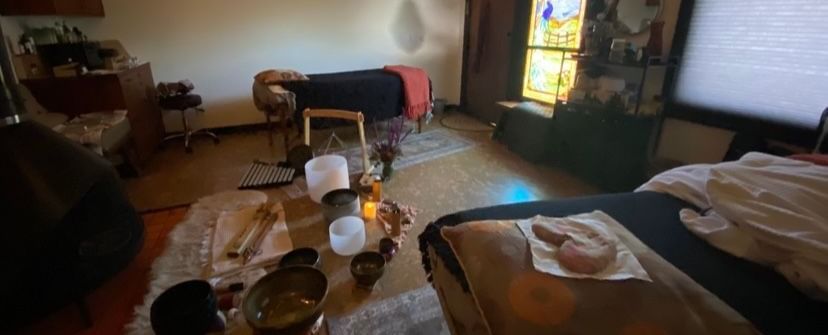Indoor wellness space set up for a sound healing and relaxation session