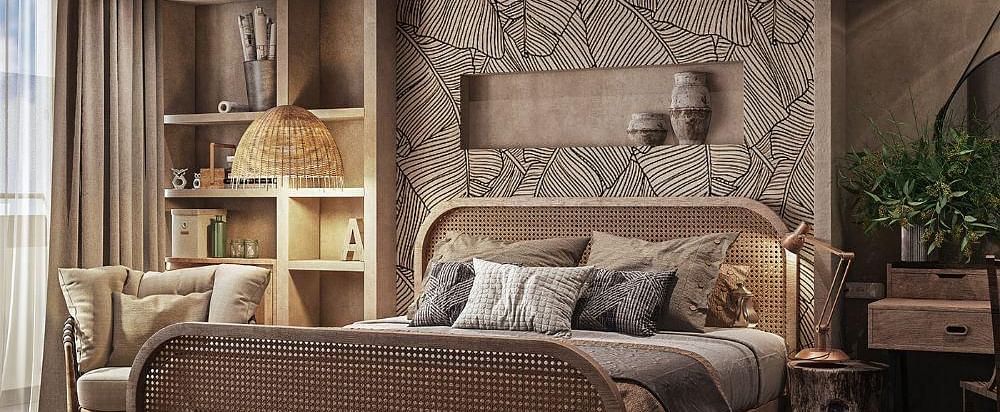 A room featuring a large bed with a small shelf above the headboard and another shelf beside the bed at The Evren, Vagator.