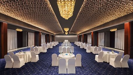 Seating arrangement in Grand Ballroom at Essentia Luxury Hotel, Indore
