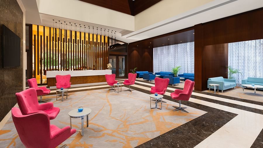 Seating arrangement inside the Lobby area of Essentia Luxury Hotel, Indore.