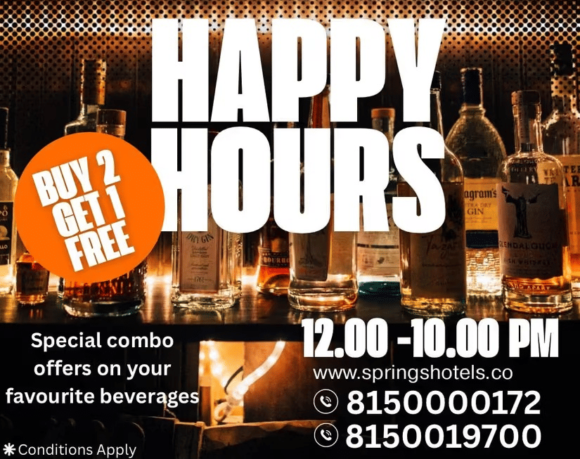 A promotional graphic for happy hours featuring various glass bottles and offer details.