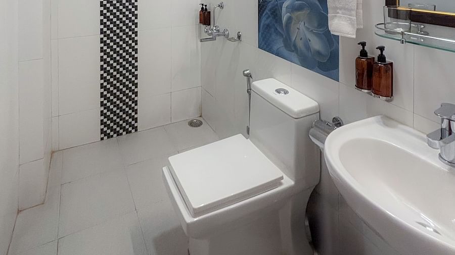 Bathroom features a white toilet, a modern sink, a mirror, and a shower area with a black and white tiled section at Clarks Inn, Near Kainchi Dham.