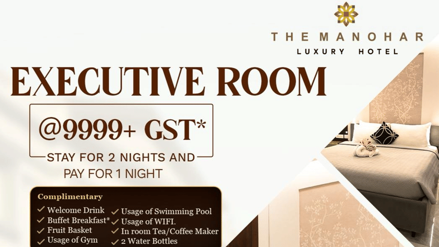 Executive Room offer at The Manohar Hyderabad stay for 2 nights and pay for 1 with added benefits including breakfast, welcome drink and amenities