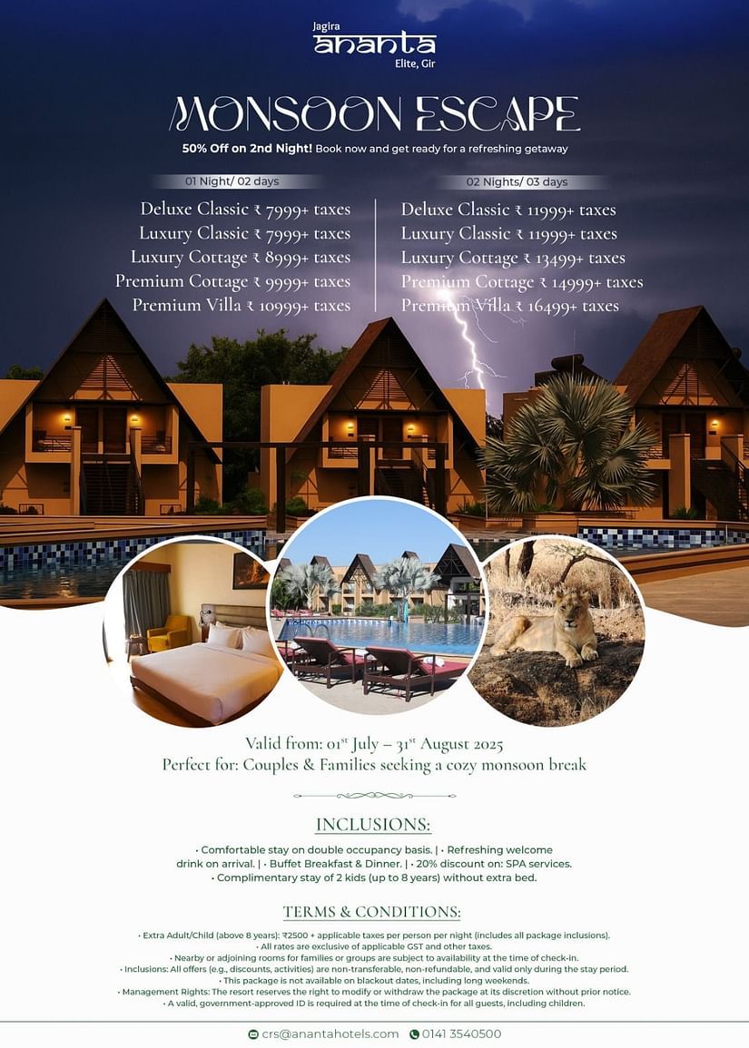 Promotional poster for Monsoon Escape at Jagira Ananta Elite, Gir, featuring a night view of villa-style accommodations with a lightning-lit sky. The poster highlights a special offer of 50% off on the second night for a 1-night/2-day stay. Three circular 