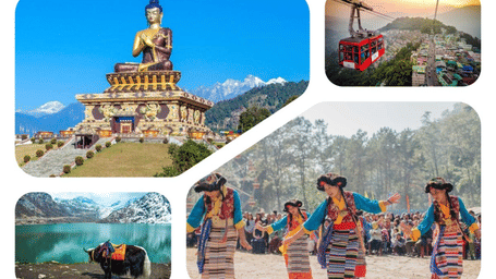 A collage of different travel images, including a golden statue and people in traditional clothes.