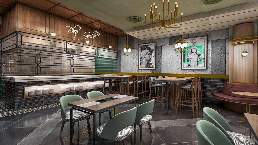 An image of a restobar at Themis Barbecue House, Panipat featuring chairs and tables on one side and on the other there is a counter 