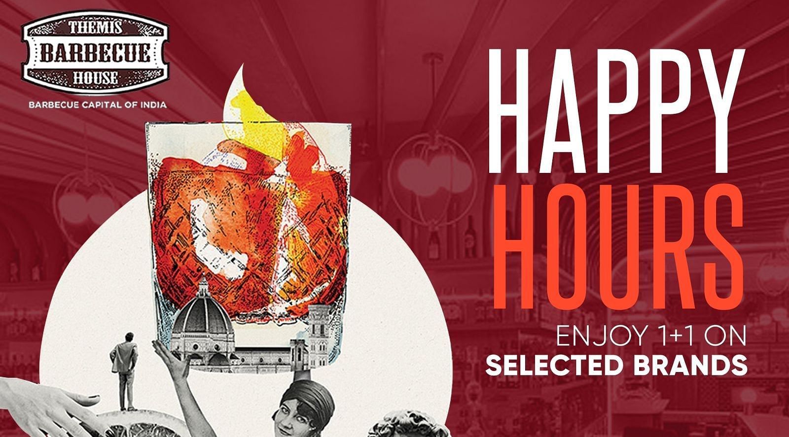 A creative image of Happy Hours where guests can enjoy one on one on selected brands at Themis Barbecue House, Panipat
