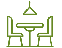 A green line icon of a round table with two chairs and a hanging pendant light above it, set against a grey background.
