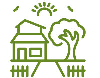 A green line icon on a grey background depicting a house with a pitched roof, a window, and a door, situated behind a fence. To the right of the house is a stylised tree, and above, a semi-circular sun with radiating lines.