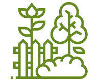 A green line art icon on a grey background depicting a stylised flower with a stem and leaves behind a picket fence. To the right of the fence are a stylised tree with a rounded canopy and a small bush or ground cover.
