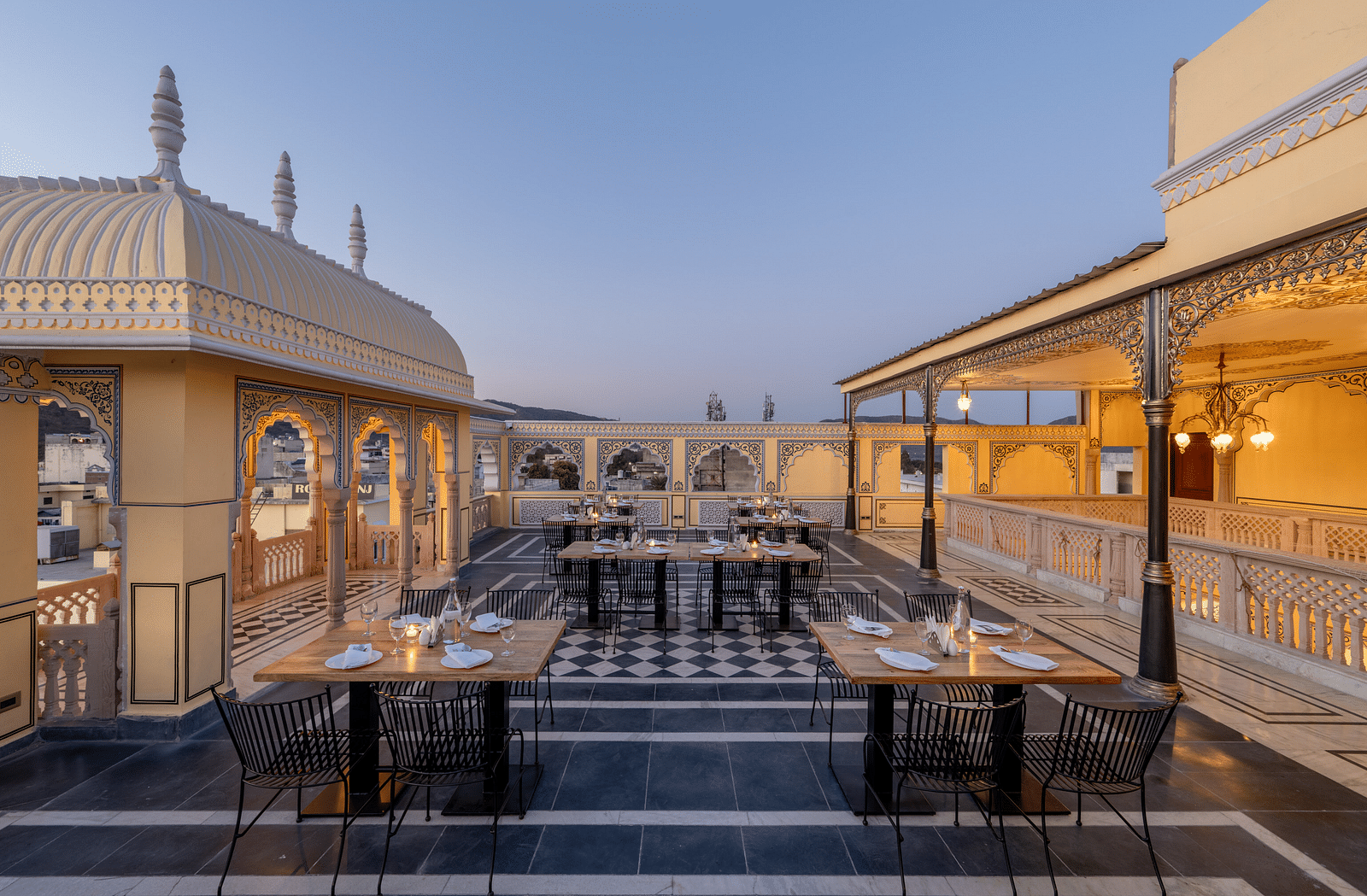 our rooftop dining area during the evening - Brij Castle, Jaipur