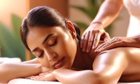 woman enjoys a soothing back and shoulder massage at a luxury spa, surrounded by calming, natural elements.