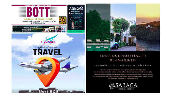 Travel-themed advertisement showcasing Saraca Hotel's serene ambience and outstanding hospitality in a leading travel magazine.