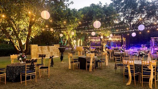 alt-text Buffet area with decorative lighting and food displays.