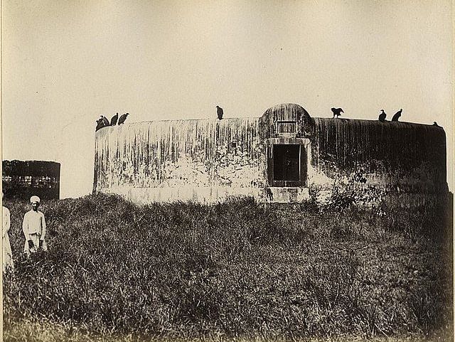 Image of an oold building with a few  Vultures resting on it