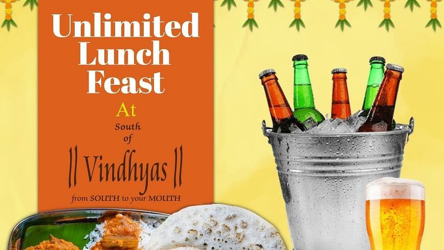 Banner for Unlimited Lunch Feast showcasing buffet spread with a variety of South Indian dishes including thalis, curries, and desserts as well as beverages