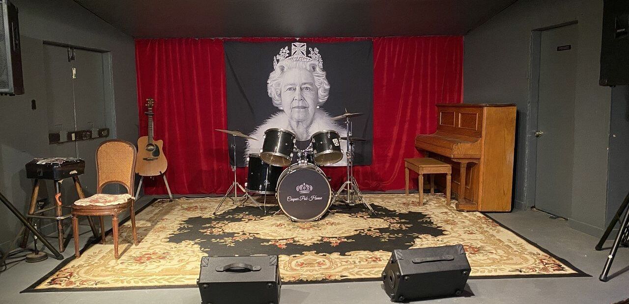 A stage with musical instruments aranged
