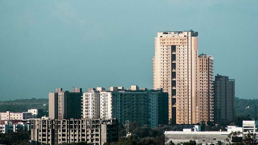 High-rise buildings in Bangalore’s central business district surrounded by dense development.