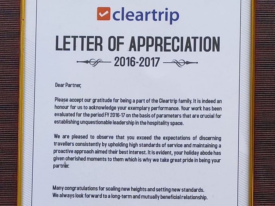 hotels in shirdi, 4 star hotel in shirdi, hotel temple tree shirdi, luxury hotel in shirdi  rgr2016 Award - 2 Cleartrip Letter of Appreciation