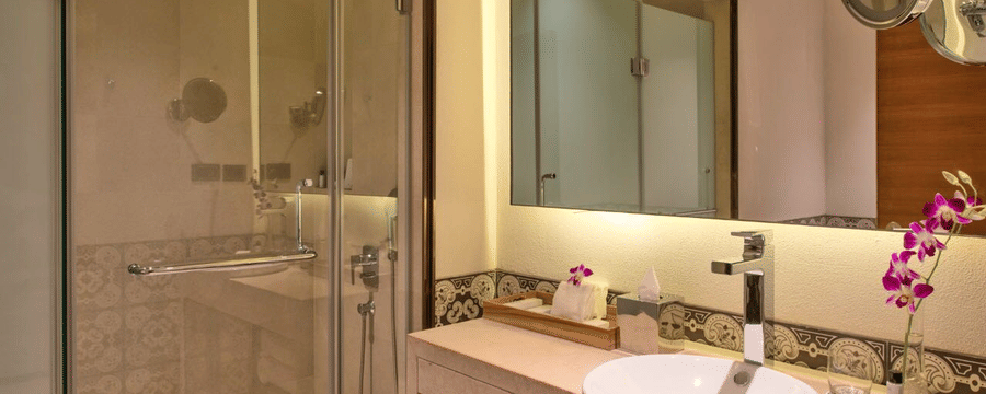 Bathroom with glass shower cubicle and a large mirror