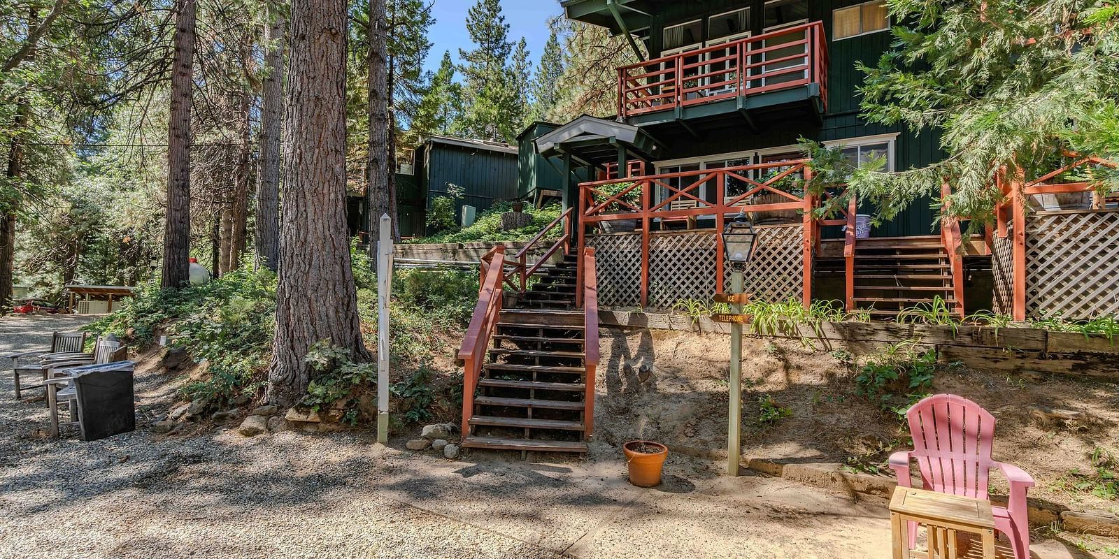 A view of a cabin in the woods