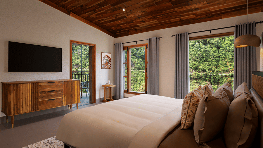 Minimalist luxury bedroom with a king bed, wooden ceiling, and glass doors opening to nature.