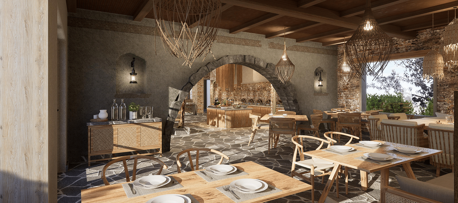 A restaurant with neatly set tables and chairs, featuring woven light decorations hanging at The Evren, Vagator.