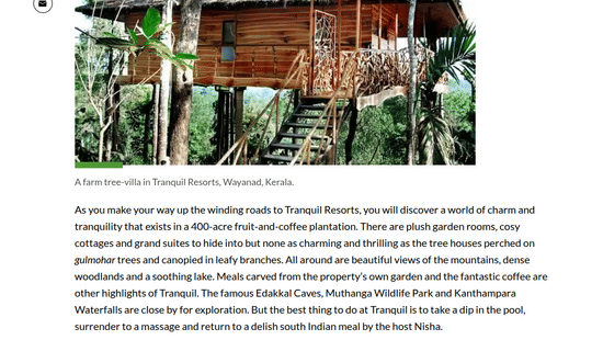 A travel article featuring a spacious farm tree-villa nestled within a 400-acre coffee plantation at Tranquil Resort, Wayanad.