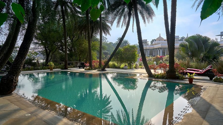 an image of a swimming pool surrounded by palm trees at dev shree, deogarh