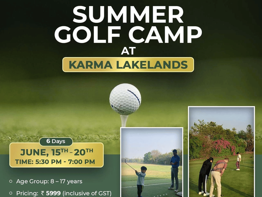 Summer Golf Camp promotional banner at Karma Lakelands featuring golf training sessions for children aged 8–17 years from June 15th–20th.