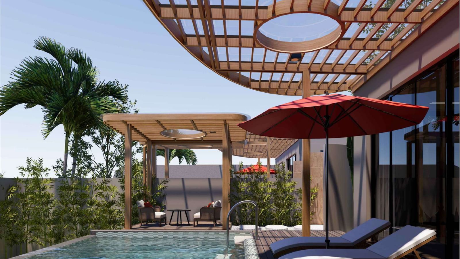 The private outdoor area of a villa at Ramada Resort by Wyndham Khao Lak, showing a pergola with a circular cutout, pool, and palm trees.