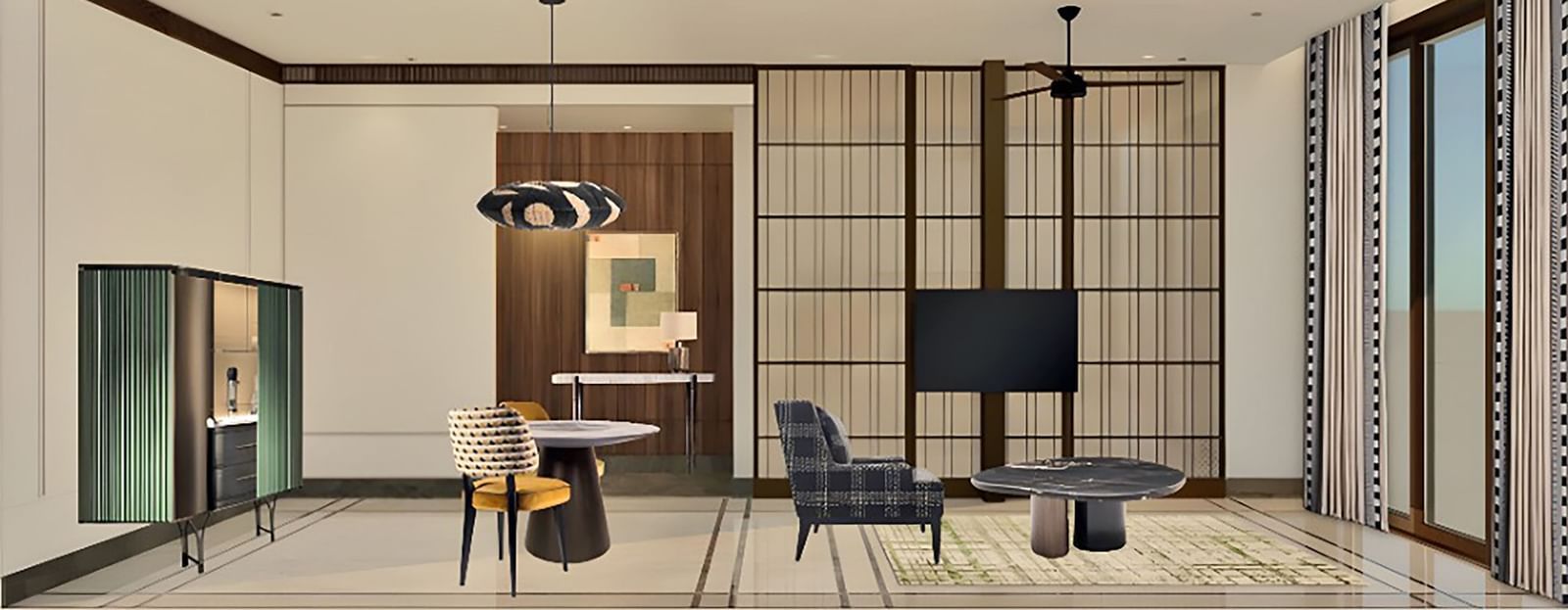 Living area of Sanctuary Suites at The Riverview Retreat, Corbett with elegant décor, seating space, and natural lighting.