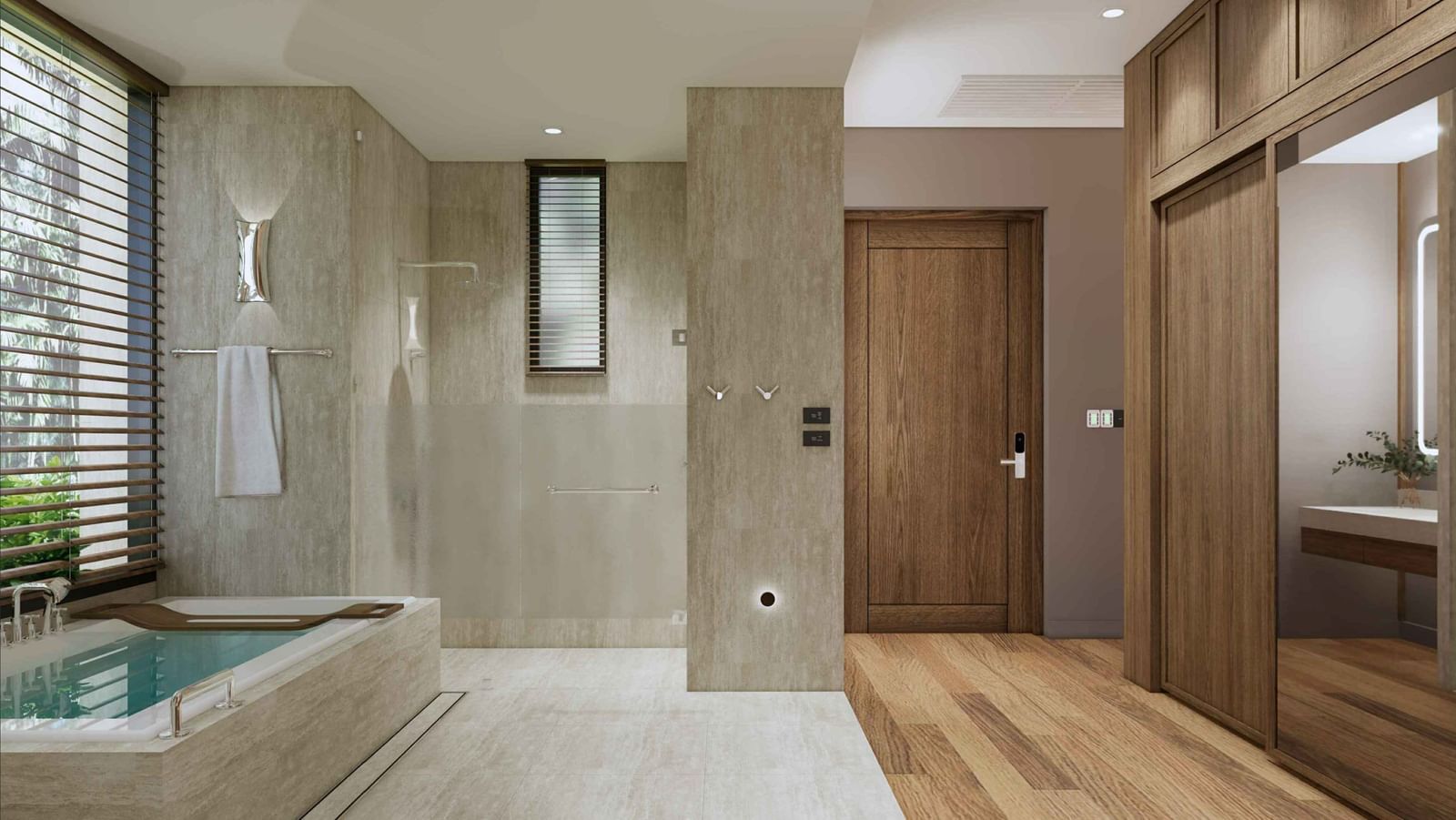 A bathroom with stone finish bathtub, separate shower area, wooden flooring, and mirrored wardrobe at Ramada Resort by Wyndham Khao Lak.