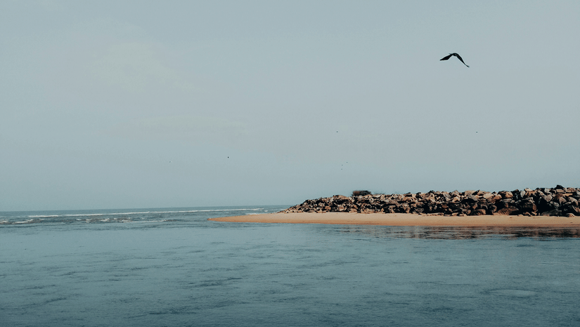 Calm blue sea stretches towards the horizon, with a rocky breakwater and lone bird creating a peaceful coastal scene