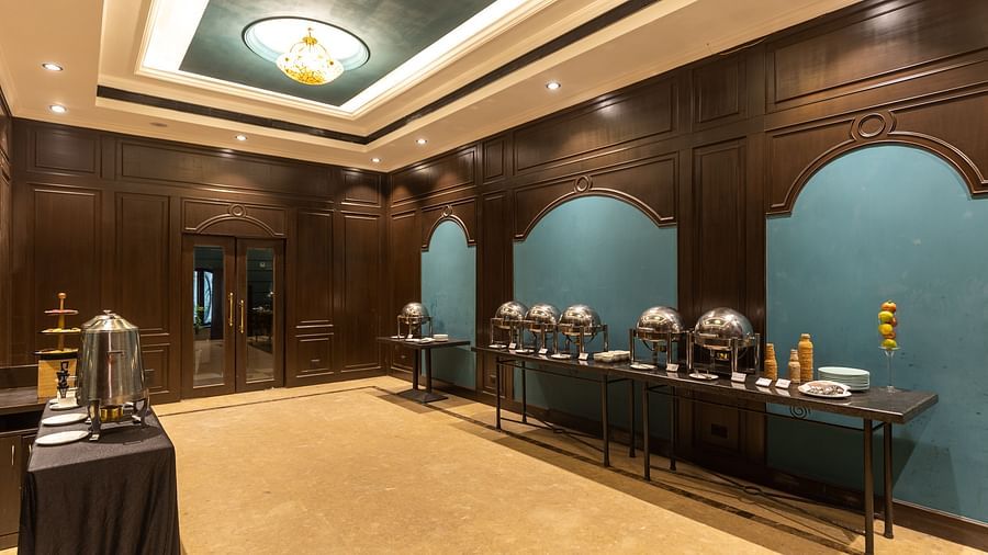 Sophisticated banquet hall with buffet setup