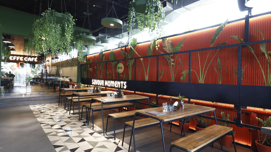 Modern cafe space at Papaya Tree Hotels featuring hanging plants, long wooden tables, and ample natural lighting for a relaxed dining experience.