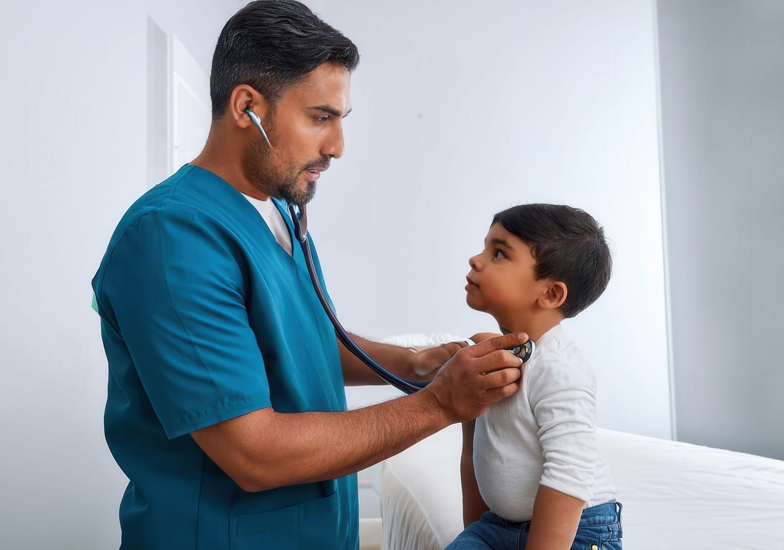 A doctor inspecting a kid's breathing condition - Shreyas Retreat