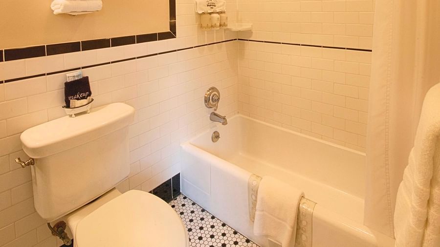 a bathtub with curtains and a commode besides it in a bathroom - Historic Tapoco Lodge