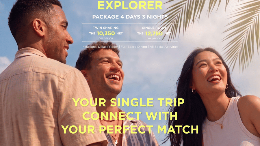 Promotional creative for the 4-day and 3-night Global Explorer package at Natai Beach Resort, offering stays in twin sharing and single rooms with full board dining and social activities.