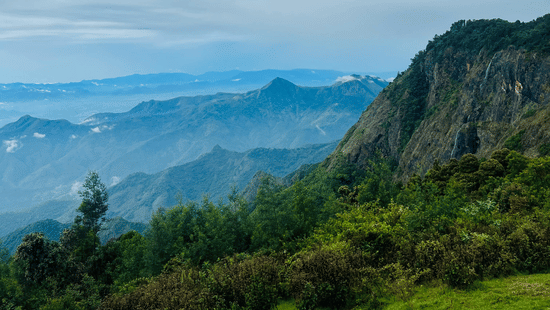 A cliffside view over a misty valley under a cloudy, grey sky.