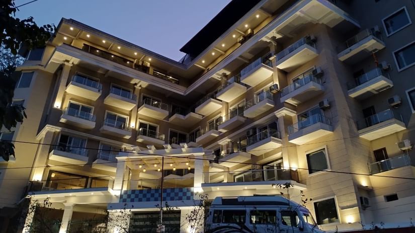 Facade of Stone Wood Hotel, RIshikesh at night