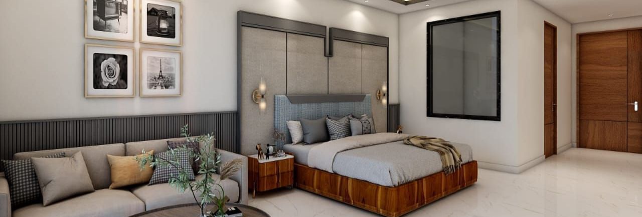 A spacious room featuring a double bed alongside a common seating area. - Namaste Corbett